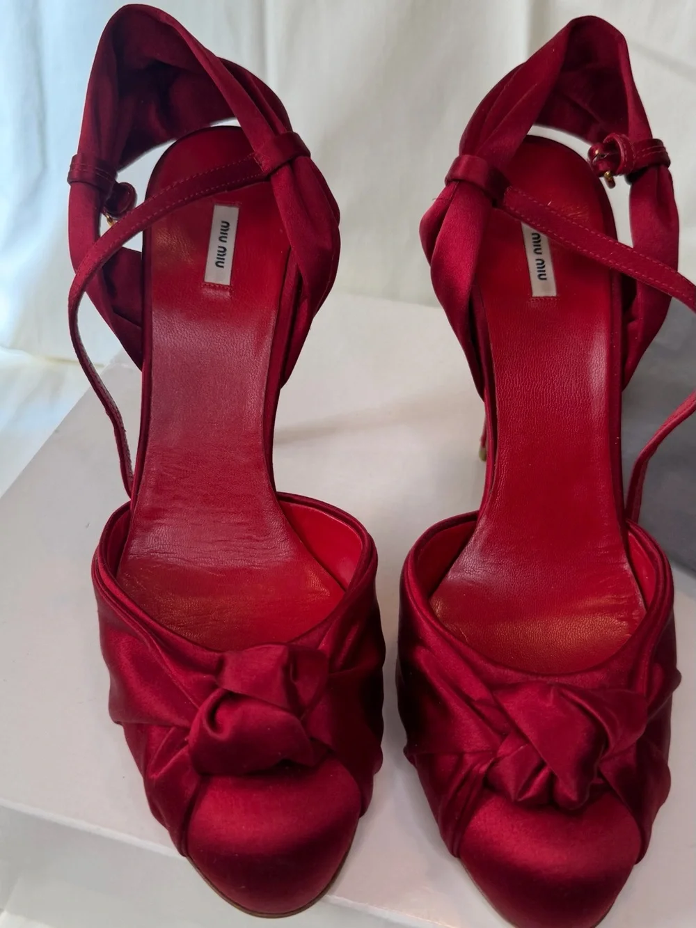 Miu Miu Crimson Satin Knotted Peep-Toe Heels